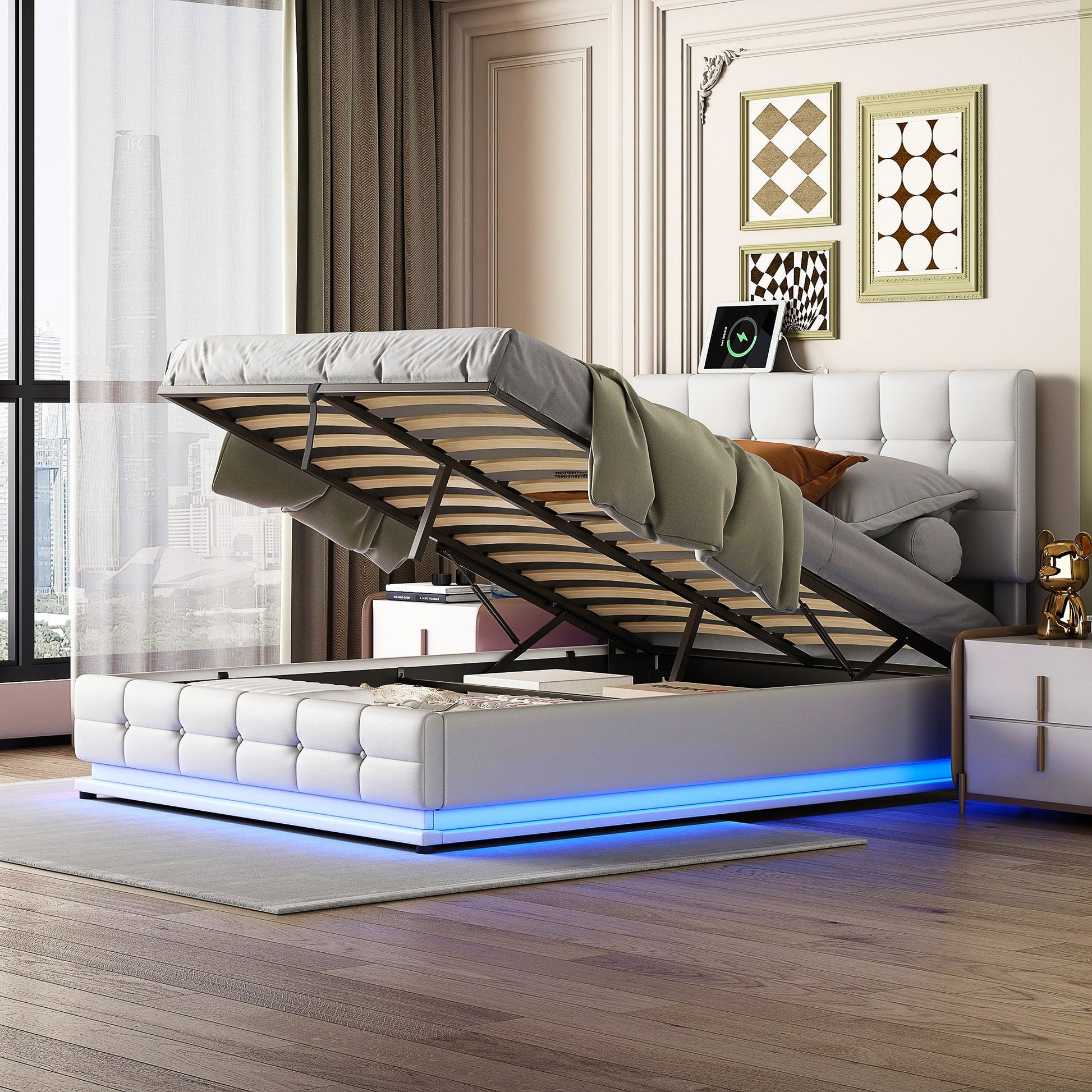 Queen Bed White PU Storage Bed Platform Bed With Hydraulic Storage System F402 - Lusy Store