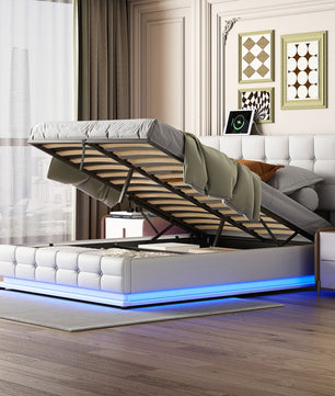 Queen Bed White PU Storage Bed Platform Bed With Hydraulic Storage System F402 - Lusy Store