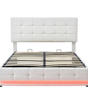 Queen Bed White PU Storage Bed Platform Bed With Hydraulic Storage System F402 - Lusy Store