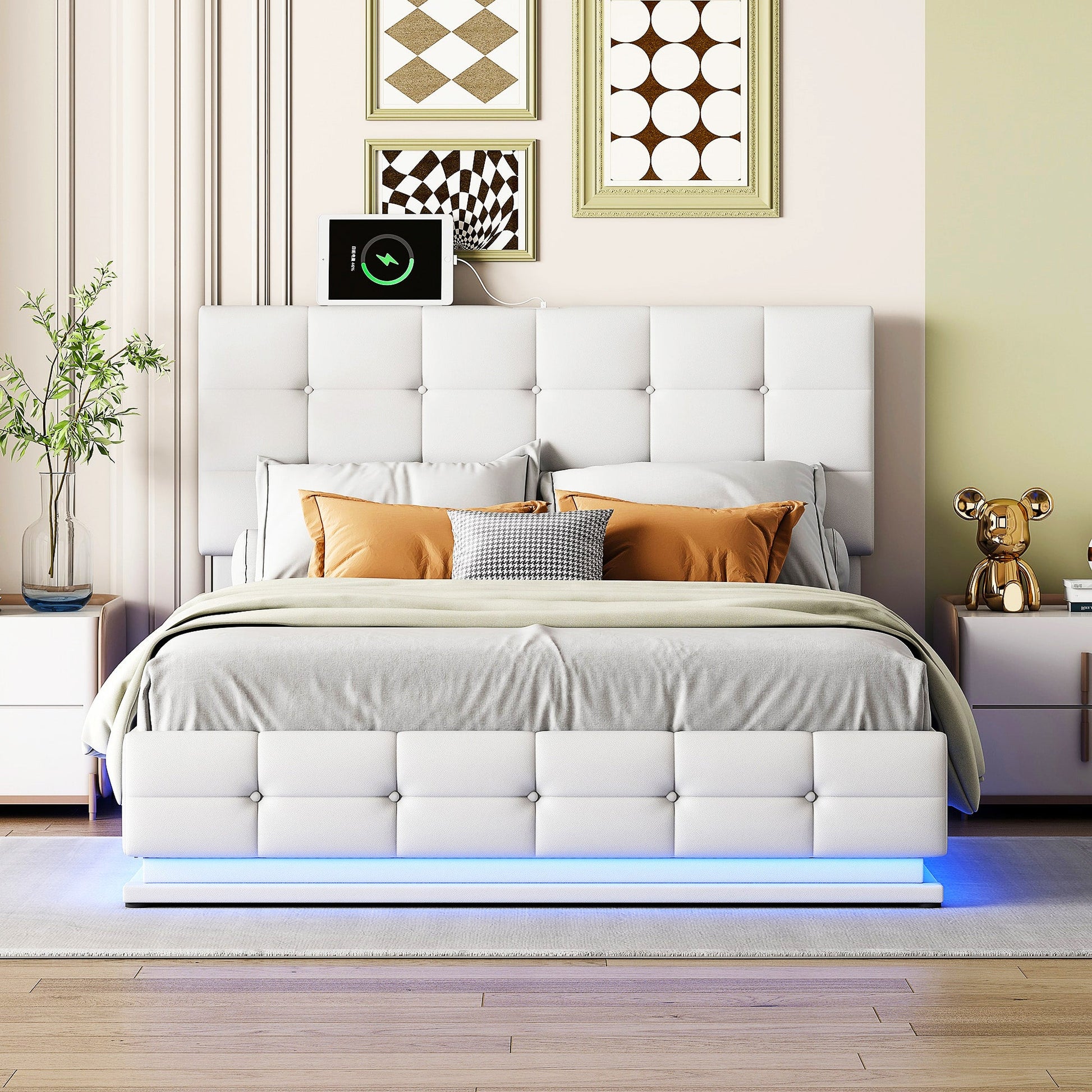 Queen Bed White PU Storage Bed Platform Bed With Hydraulic Storage System F402 - Lusy Store