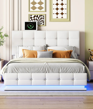 Queen Bed White PU Storage Bed Platform Bed With Hydraulic Storage System F402 - Lusy Store