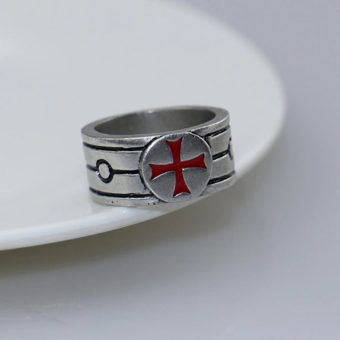 Red Enamel Ring Templar Silver Engagement Ring Stainless Steel Cross Assassin - Lusy Store