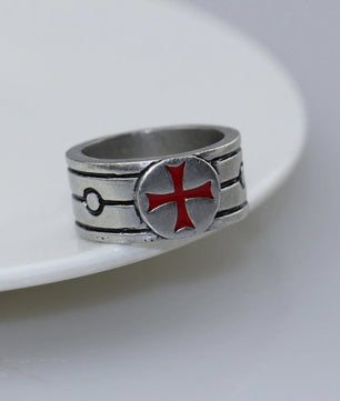 Red Enamel Ring Templar Silver Engagement Ring Stainless Steel Cross Assassin - Lusy Store