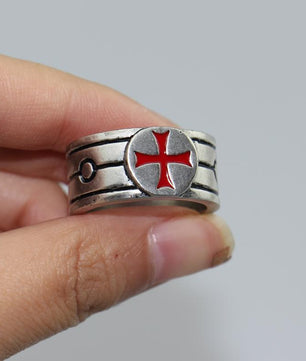Red Enamel Ring Templar Silver Engagement Ring Stainless Steel Cross Assassin - Lusy Store