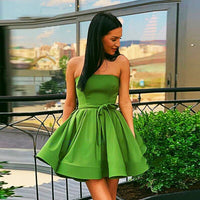 Red Prom Dress A-Line Strapless Mini Pleated Satin Candy Color Formal Graduation D423 - Lusy Store