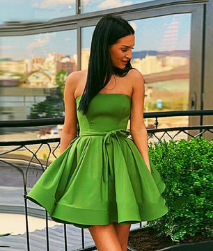 Red Prom Dress A-Line Strapless Mini Pleated Satin Candy Color Formal Graduation D423 - Lusy Store