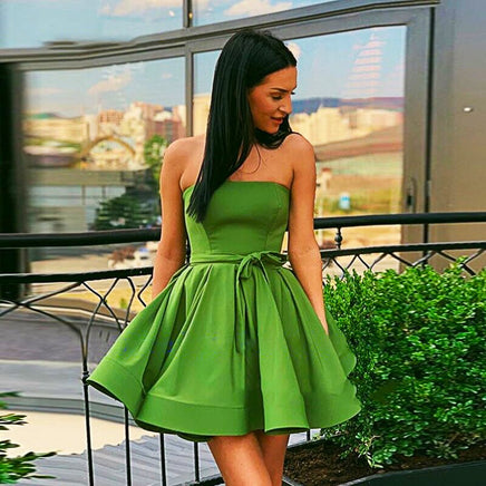 Red Prom Dress A-Line Strapless Mini Pleated Satin Candy Color Formal Graduation D423 - Lusy Store