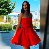 Red Prom Dress A-Line Strapless Mini Pleated Satin Candy Color Formal Graduation D423 - Lusy Store