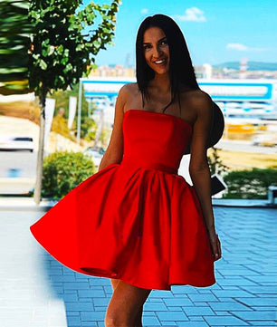 Red Prom Dress A-Line Strapless Mini Pleated Satin Candy Color Formal Graduation D423 - Lusy Store