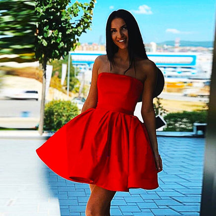 Red Prom Dress A-Line Strapless Mini Pleated Satin Candy Color Formal Graduation D423 - Lusy Store
