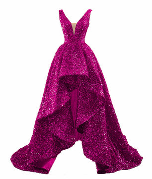 Red Prom Dress Glamorous Sequin High And Low Evening Gowns Elegant Long Luxury V-neck D425 - Lusy Store
