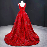 Red Prom Dress Glamorous Sequin High And Low Evening Gowns Elegant Long Luxury V-neck D425 - Lusy Store