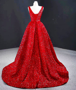 Red Prom Dress Glamorous Sequin High And Low Evening Gowns Elegant Long Luxury V-neck D425 - Lusy Store