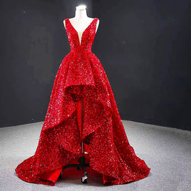 Red Prom Dress Glamorous Sequin High And Low Evening Gowns Elegant Long Luxury V-neck D425 - Lusy Store