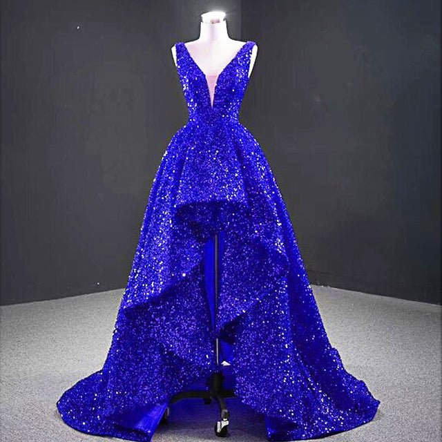 Red Prom Dress Glamorous Sequin High And Low Evening Gowns Elegant Long Luxury V-neck D425 - Lusy Store