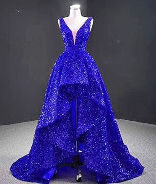 Red Prom Dress Glamorous Sequin High And Low Evening Gowns Elegant Long Luxury V-neck D425 - Lusy Store