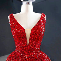 Red Prom Dress Glamorous Sequin High And Low Evening Gowns Elegant Long Luxury V-neck D425 - Lusy Store