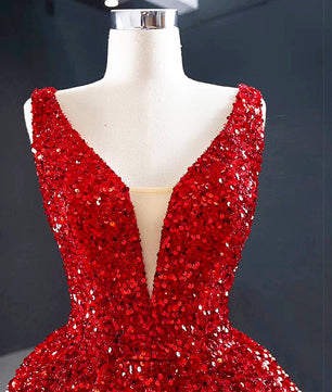 Red Prom Dress Glamorous Sequin High And Low Evening Gowns Elegant Long Luxury V-neck D425 - Lusy Store