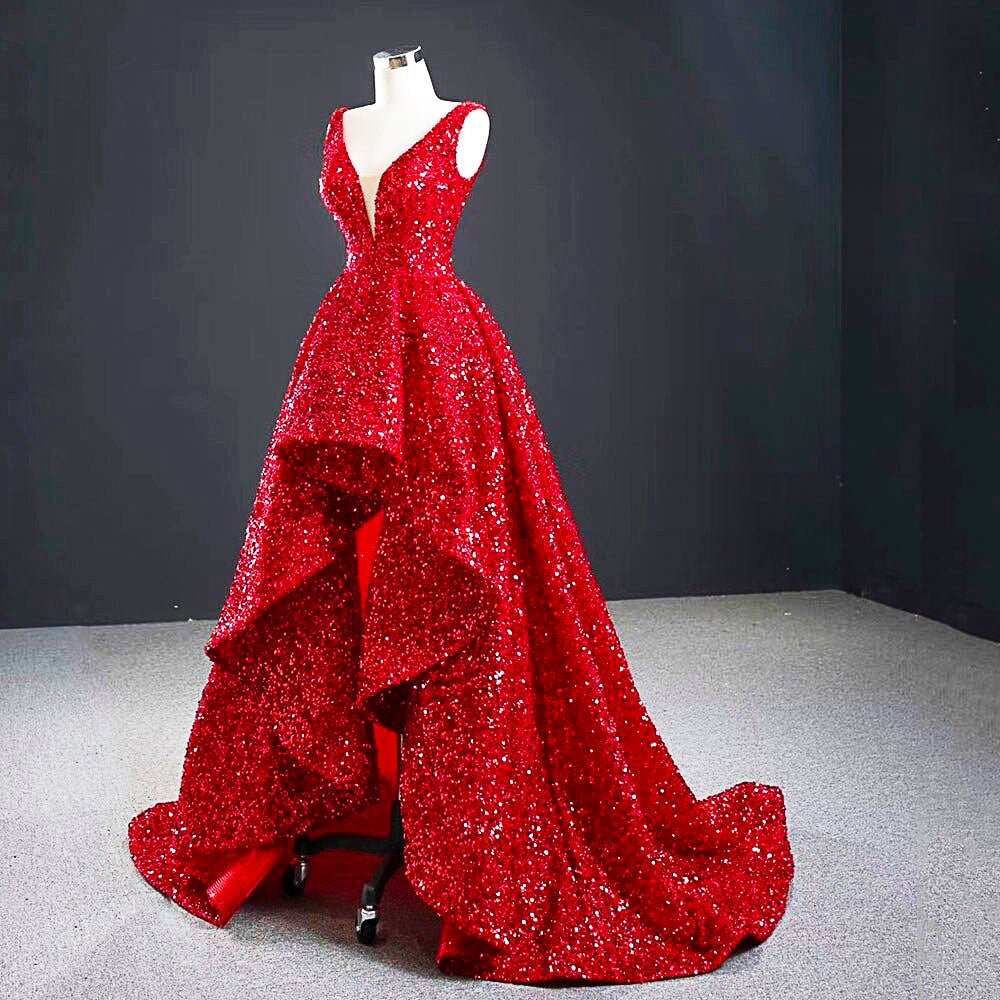 Red Prom Dress Glamorous Sequin High And Low Evening Gowns Elegant Long Luxury V-neck D425 - Lusy Store