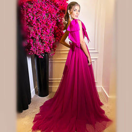 Red Prom Dress One Shoulder High Slit Evening Dress Tulle Elegant Dress D427 Rose Pink