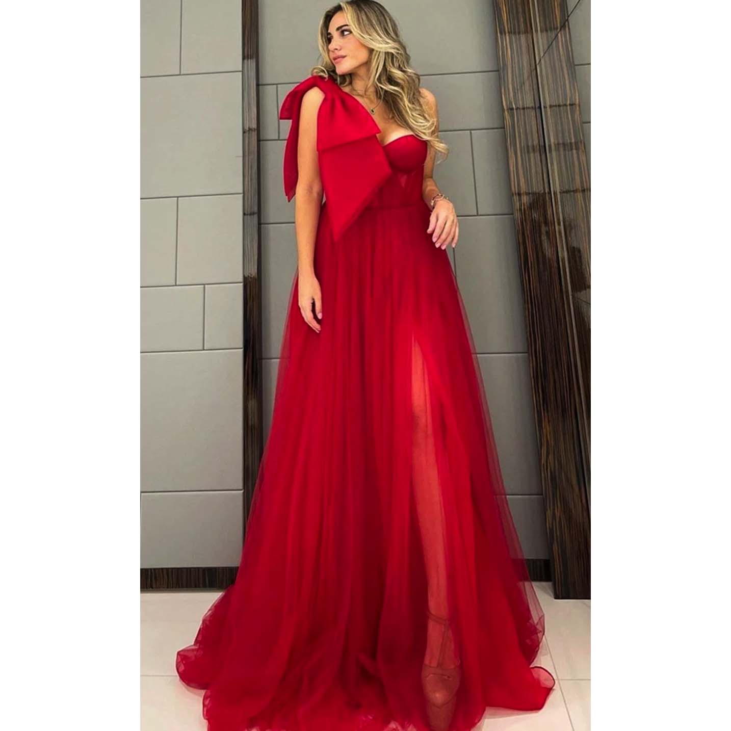Red Prom Dress One Shoulder High Slit Evening Dress Tulle Elegant Dress D427 - Lusy Store