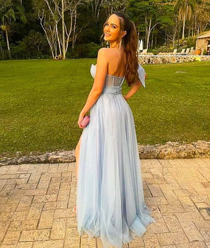 Red Prom Dress One Shoulder High Slit Evening Dress Tulle Elegant Dress D427 - Lusy Store