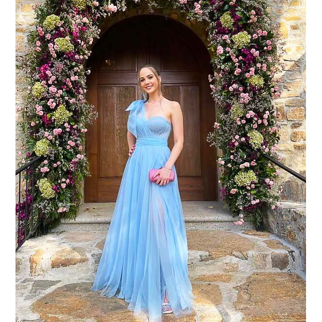 Red Prom Dress One Shoulder High Slit Evening Dress Tulle Elegant Dress D427 - Lusy Store