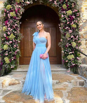 Red Prom Dress One Shoulder High Slit Evening Dress Tulle Elegant Dress D427 - Lusy Store