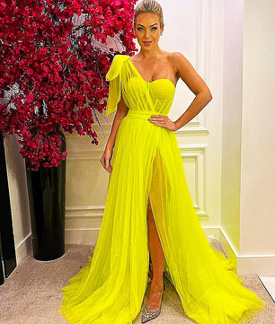 Red Prom Dress One Shoulder High Slit Evening Dress Tulle Elegant Dress D427 - Lusy Store
