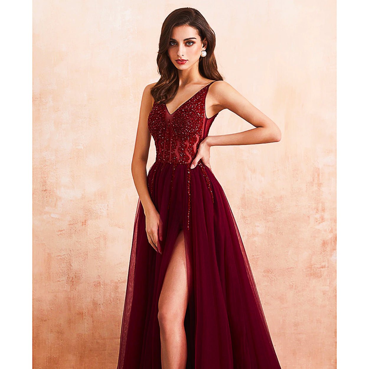 Red Prom Dress Tulle Long Beaded Split A-Line V-Neck Special Occasion Evening Party Gown D426 - Lusy Store