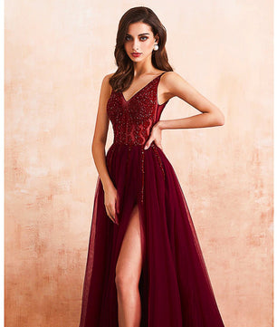 Red Prom Dress Tulle Long Beaded Split A-Line V-Neck Special Occasion Evening Party Gown D426 - Lusy Store