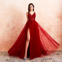 Red Prom Dress Tulle Long Beaded Split A-Line V-Neck Special Occasion Evening Party Gown D426 - Lusy Store