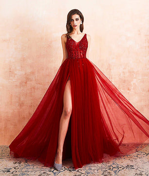 Red Prom Dress Tulle Long Beaded Split A-Line V-Neck Special Occasion Evening Party Gown D426 - Lusy Store