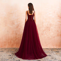 Red Prom Dress Tulle Long Beaded Split A-Line V-Neck Special Occasion Evening Party Gown D426 - Lusy Store