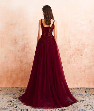 Red Prom Dress Tulle Long Beaded Split A-Line V-Neck Special Occasion Evening Party Gown D426 - Lusy Store