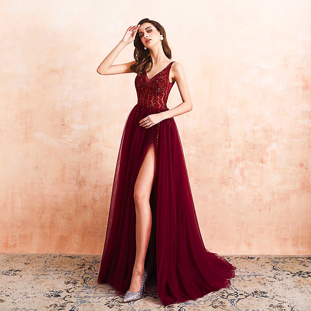Red Prom Dress Tulle Long Beaded Split A-Line V-Neck Special Occasion Evening Party Gown D426 - Lusy Store