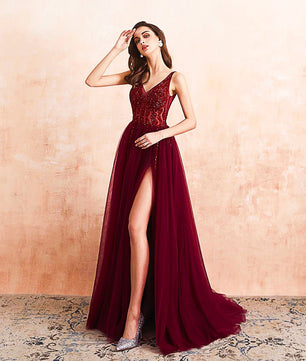 Red Prom Dress Tulle Long Beaded Split A-Line V-Neck Special Occasion Evening Party Gown D426 - Lusy Store