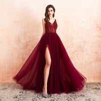 Red Prom Dress Tulle Long Beaded Split A-Line V-Neck Special Occasion Evening Party Gown D426 - Lusy Store