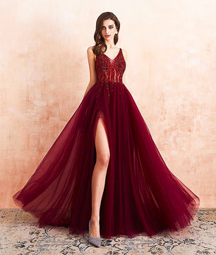 Red Prom Dress Tulle Long Beaded Split A-Line V-Neck Special Occasion Evening Party Gown D426 - Lusy Store