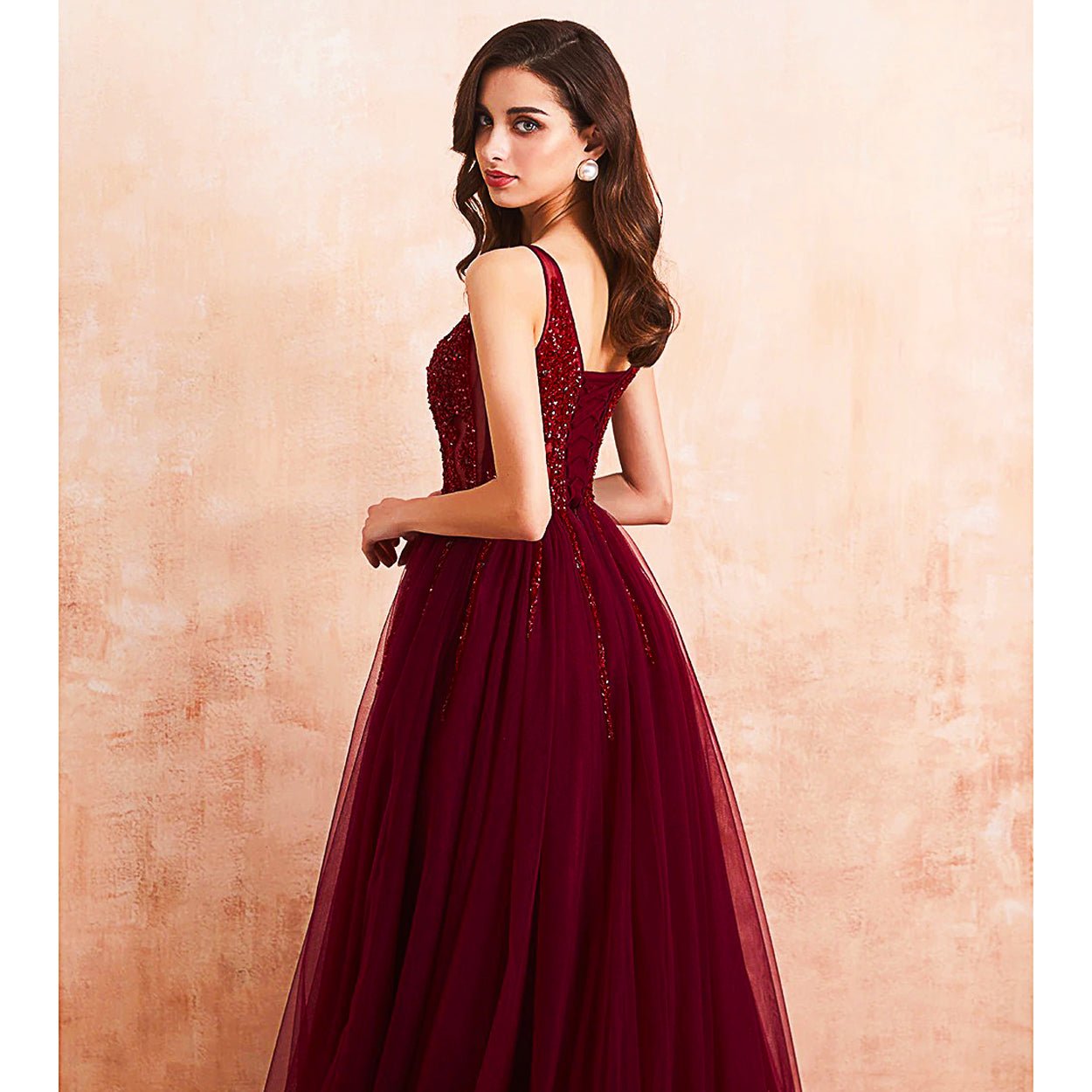 Red Prom Dress Tulle Long Beaded Split A-Line V-Neck Special Occasion Evening Party Gown D426 - Lusy Store