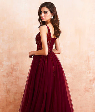 Red Prom Dress Tulle Long Beaded Split A-Line V-Neck Special Occasion Evening Party Gown D426 - Lusy Store