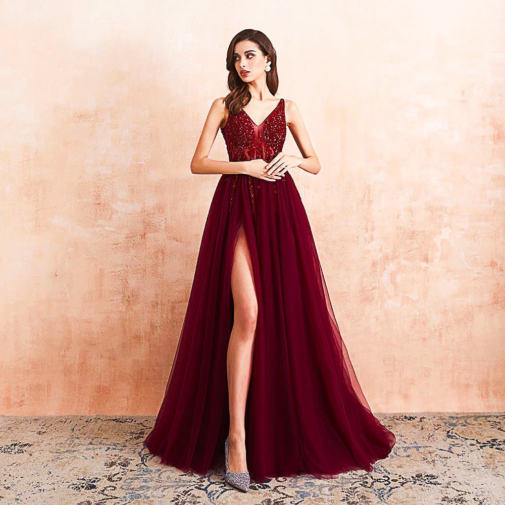 Red Prom Dress Tulle Long Beaded Split A-Line V-Neck Special Occasion Evening Party Gown D426 - Lusy Store