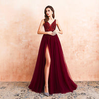 Red Prom Dress Tulle Long Beaded Split A-Line V-Neck Special Occasion Evening Party Gown D426 - Lusy Store