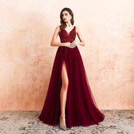 Red Prom Dress Tulle Long Beaded Split A-Line V-Neck Special Occasion Evening Party Gown D426