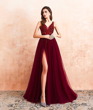 Red Prom Dress Tulle Long Beaded Split A-Line V-Neck Special Occasion Evening Party Gown D426 - Lusy Store