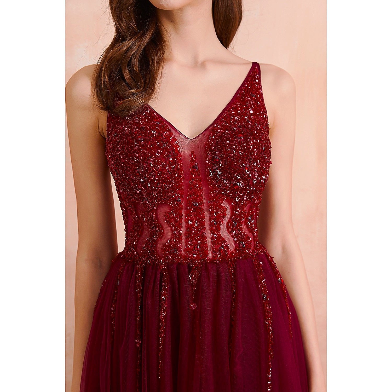 Red Prom Dress Tulle Long Beaded Split A-Line V-Neck Special Occasion Evening Party Gown D426 - Lusy Store