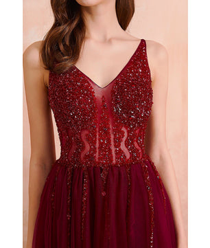 Red Prom Dress Tulle Long Beaded Split A-Line V-Neck Special Occasion Evening Party Gown D426 - Lusy Store