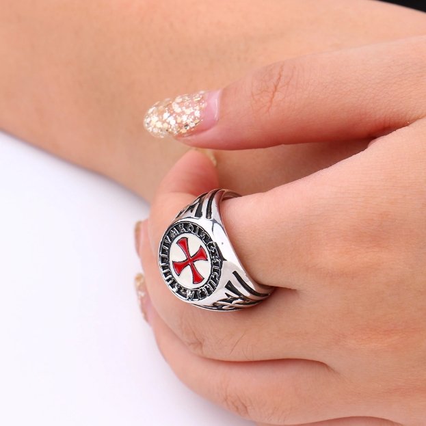 Retro Red Enamel Cross Shield Ring Vintage Men Silver Assassins Jewelry Knights - Lusy Store