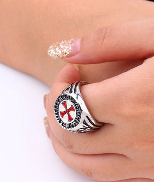 Retro Red Enamel Cross Shield Ring Vintage Men Silver Assassins Jewelry Knights - Lusy Store