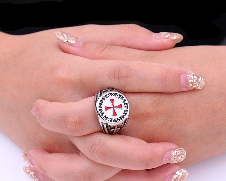 Retro Red Enamel Cross Shield Ring Vintage Men Silver Assassins Jewelry Knights - Lusy Store